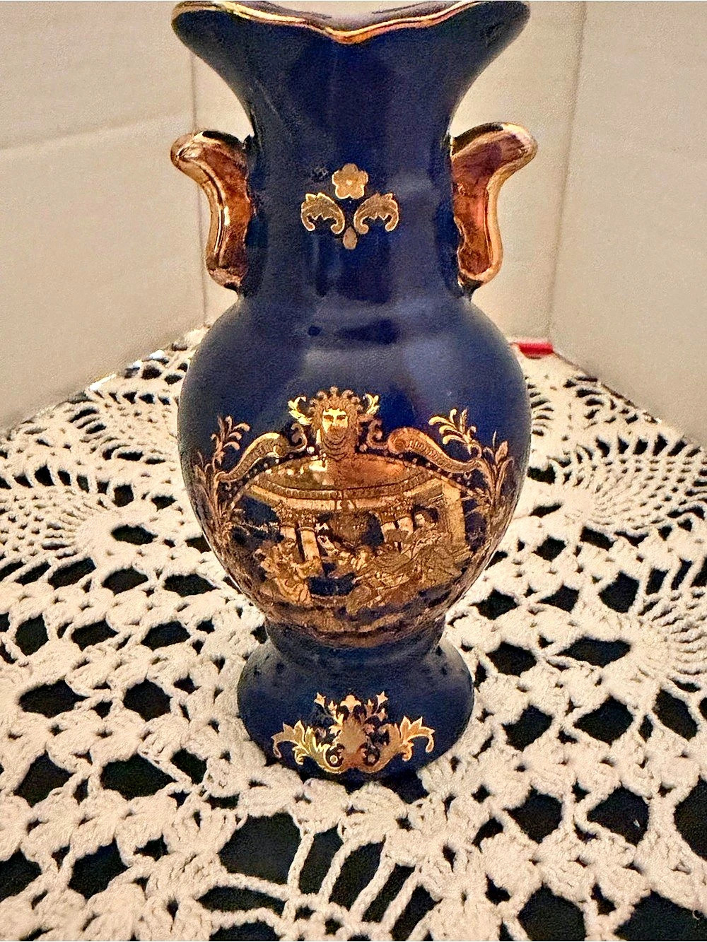 Vintage Cobalt Blue & Gold Ceramic Vase